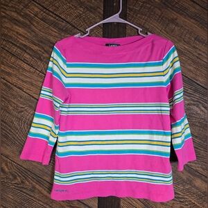 Lauren Ralph Lauren Pink Striped 3/4 Sleeve Top Medium